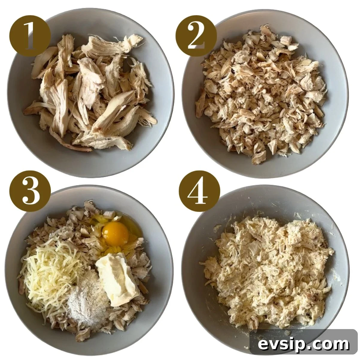 Crispy Chicken Fritters Made with Leftover Roast Chicken 4 Steps to make chicken fritters.