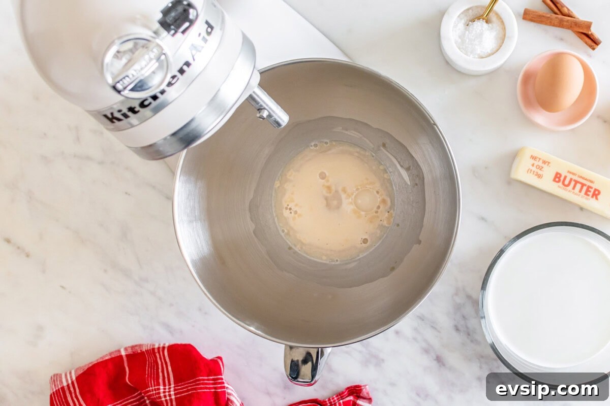 yeast, water, and sugar in a stand mixer bowl