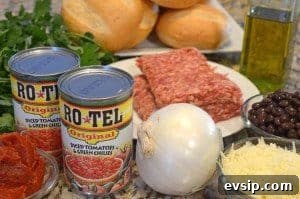 sausage, onion and a can of tomatoes on the countertop.
