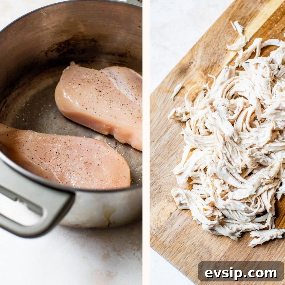 Smoky Chipotle Shredded Chicken Tacos with Creamy Slaw 3 raw chicken breasts in a saucepan and shredded cooked chicken on a cutting board