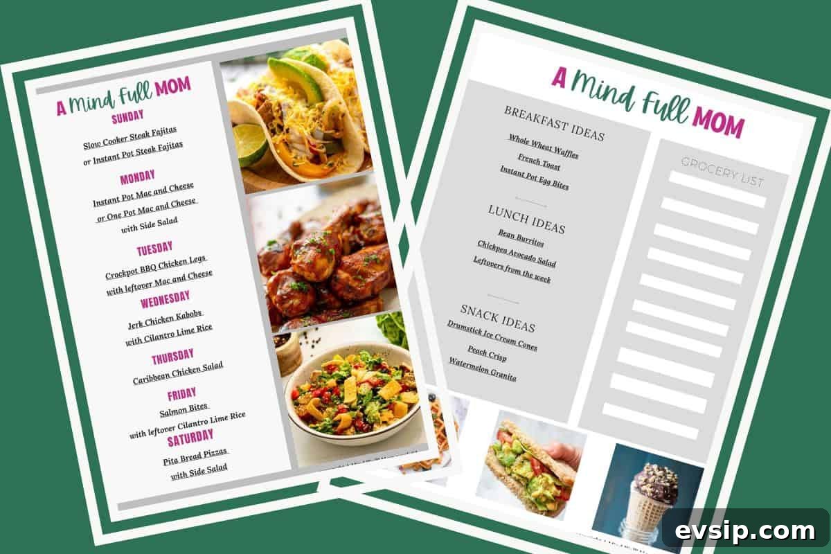 7-Day Meal Plan: Week 64 Menu & Grocery List 2 Side by side photos of meal plan with dinners, breakfast, lunches, and snacks.