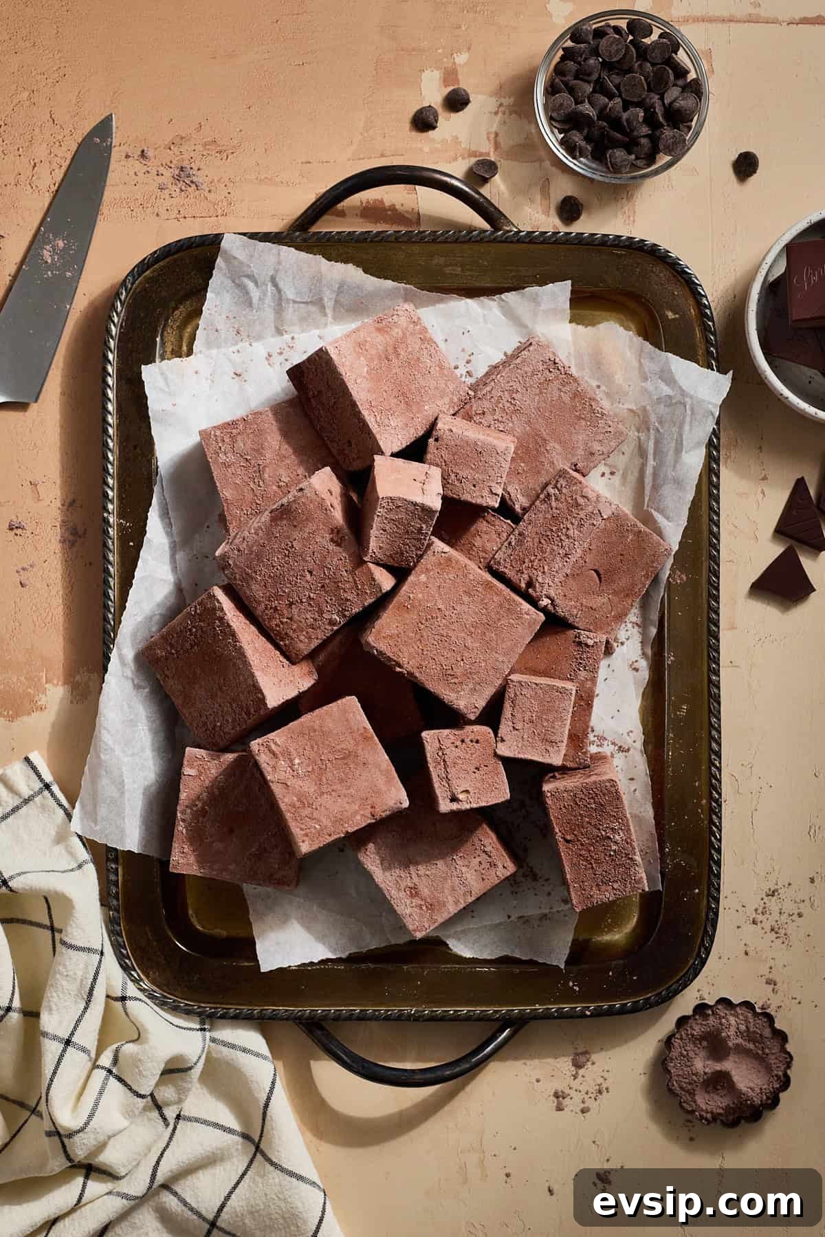 Chocolate Marshmallows Recipe: Homemade Gooey Chocolate Mallows 2 A pile of Chocolate Marshmallows on a silver tray.