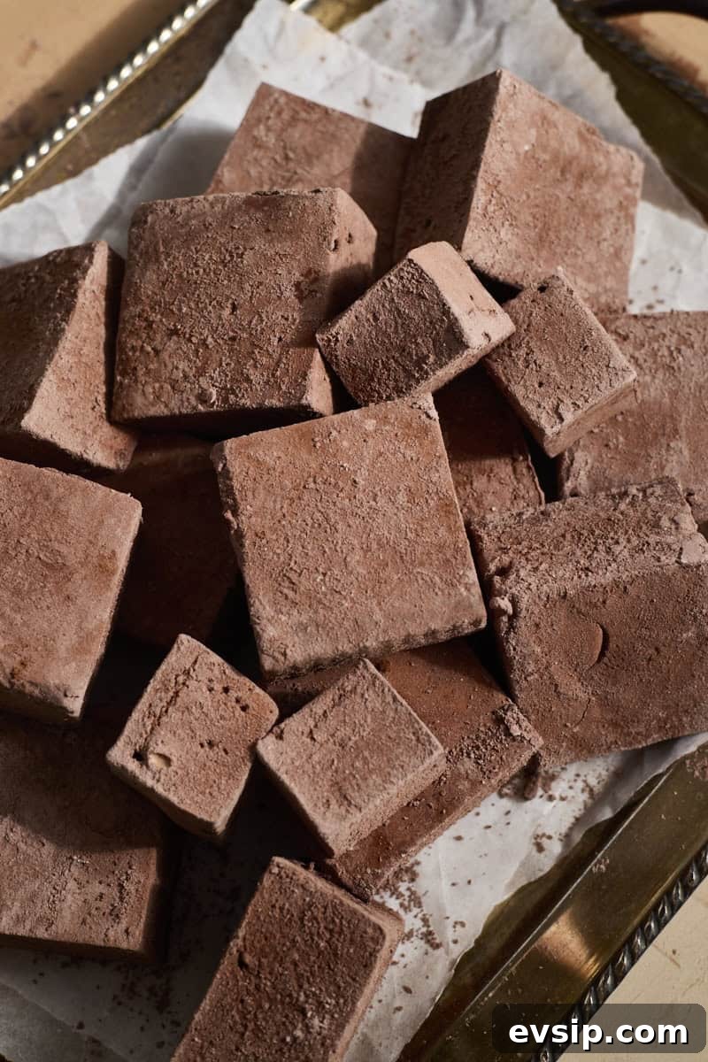 Chocolate Marshmallows Recipe: Homemade Gooey Chocolate Mallows 11 Chocolate Marshmallows on a tray.