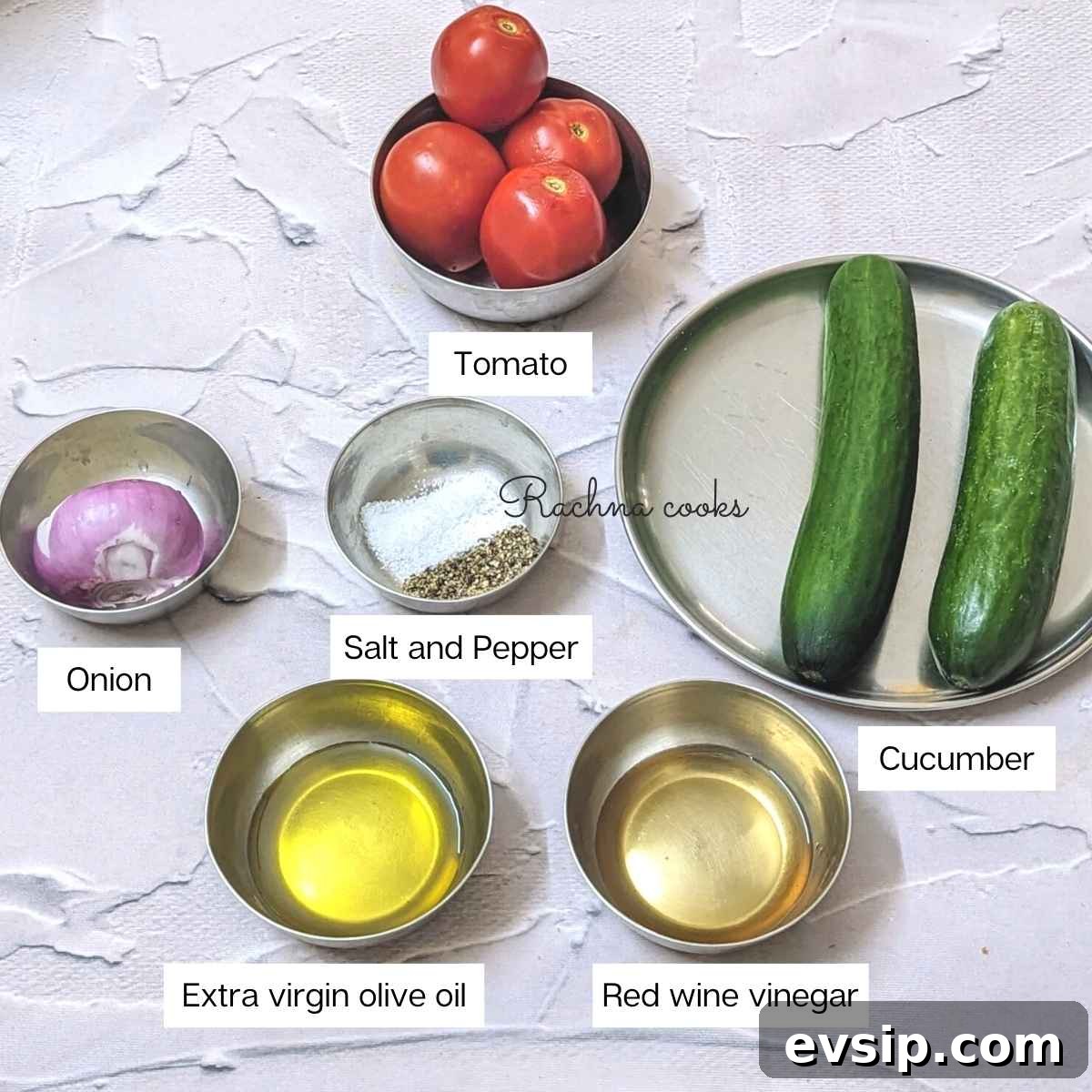 Mediterranean Cucumber and Tomato Salad Recipe for Summer 4 Ingredients for making Mediterranean cucumber tomato salad. Cucumbers, tomatoes, onion, extra virgin olive oil, red wine vinegar, salt and pepper
