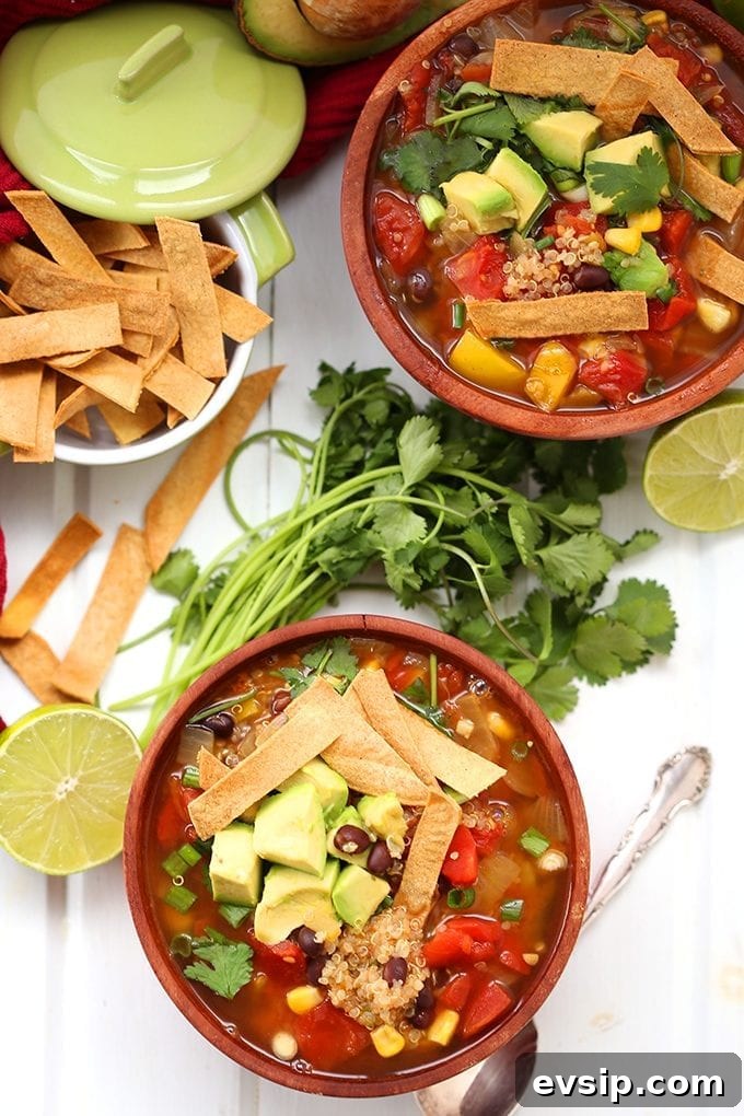 Hearty Vegetarian Tortilla Soup with Avocado and Lime 6 Swap the chicken for quinoa in this healthy vegetarian Quinoa Tortilla Soup recipe! Quinoa is high in fiber and protein and makes a great non-meat alternative in this spicy Mexican soup.