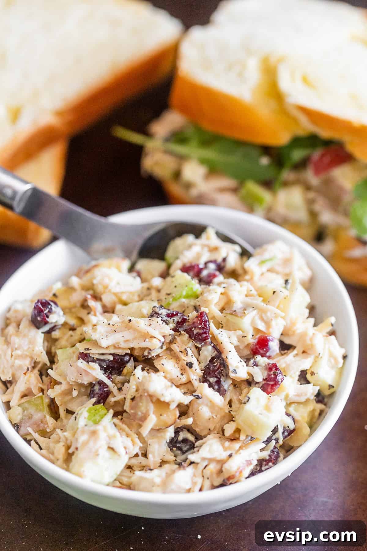 Hummus Chicken Salad with Lemon and Fresh Herbs 5 Hummus Chicken Salad in a white bowl.