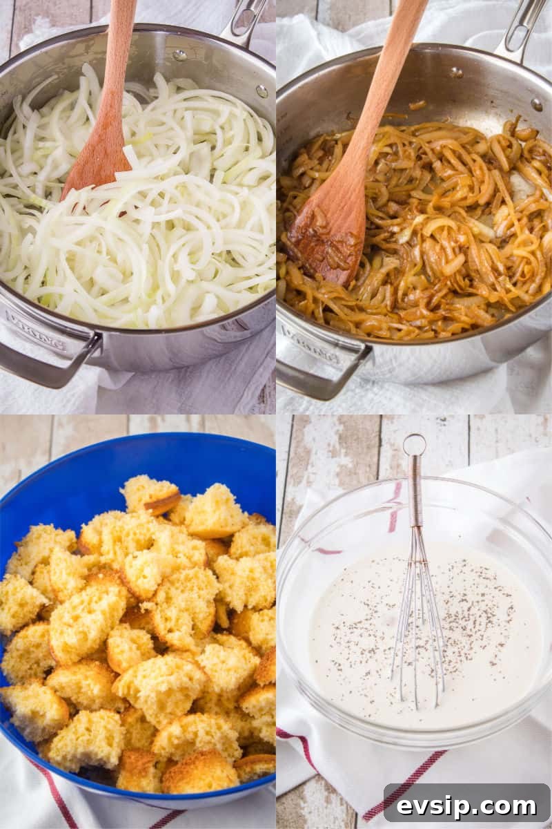 prep steps for caramelized onion & cornbread dressing
