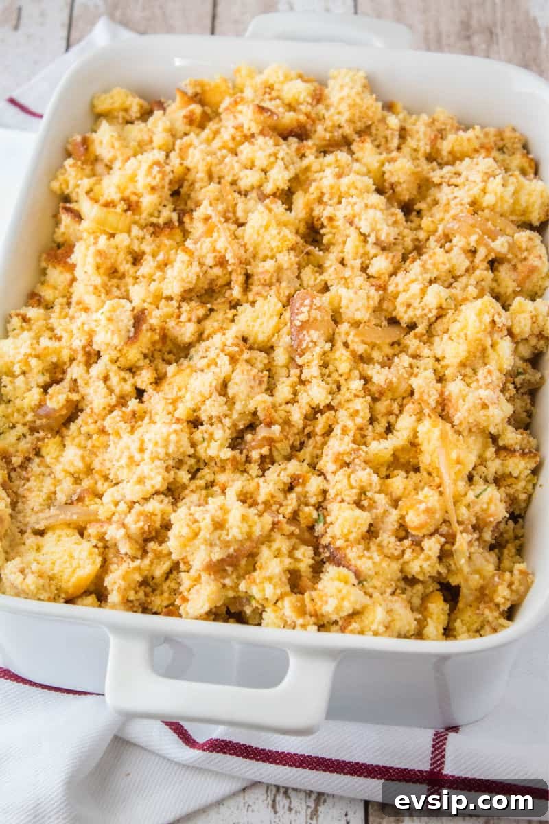 cornbread dressing in a baking dish ready to be cooked
