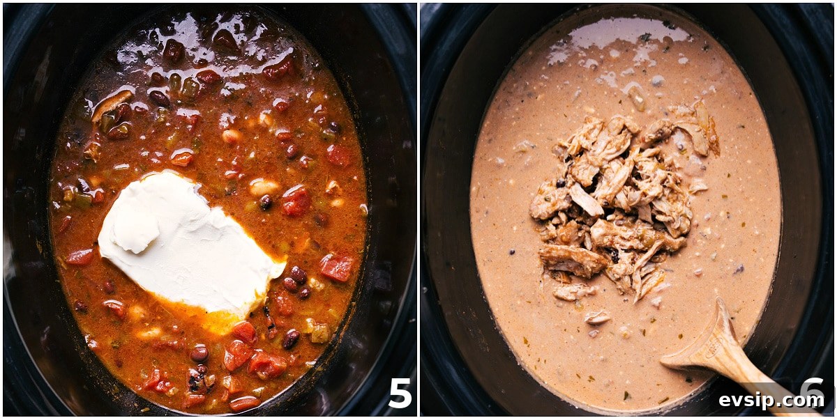 How To Make Green Chicken Enchilada Soup Cream cheese is added to the crockpot, along with the shredded, cooked meat.