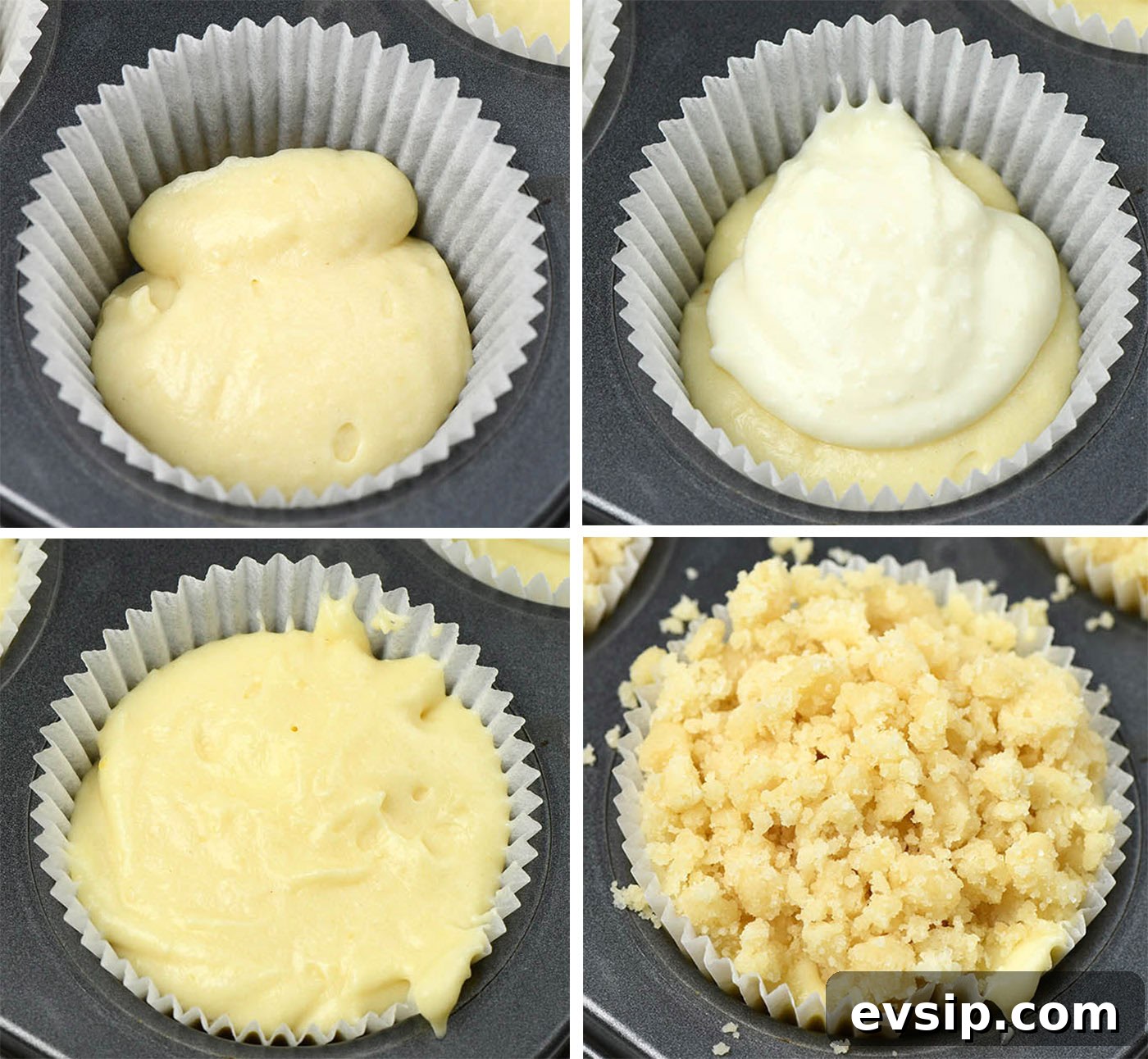 step by step lemon muffin batter with cream cheese filling and crumb topping before baking