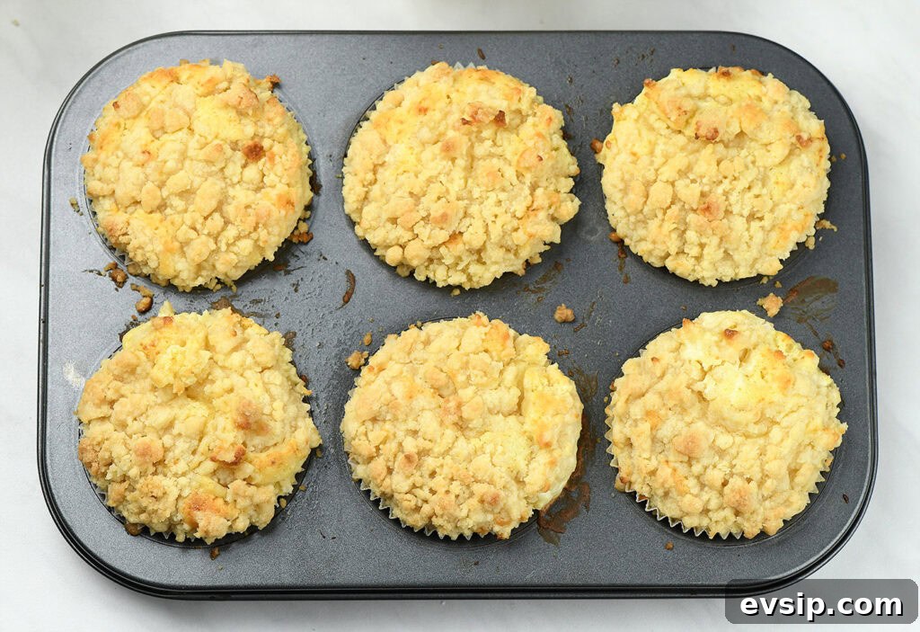 freshly baked lemon cream cheese muffins with crumb topping in muffin tray