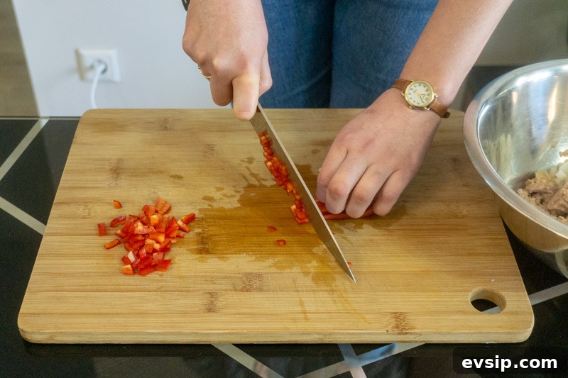 Dicing a red pepper for tuna salad