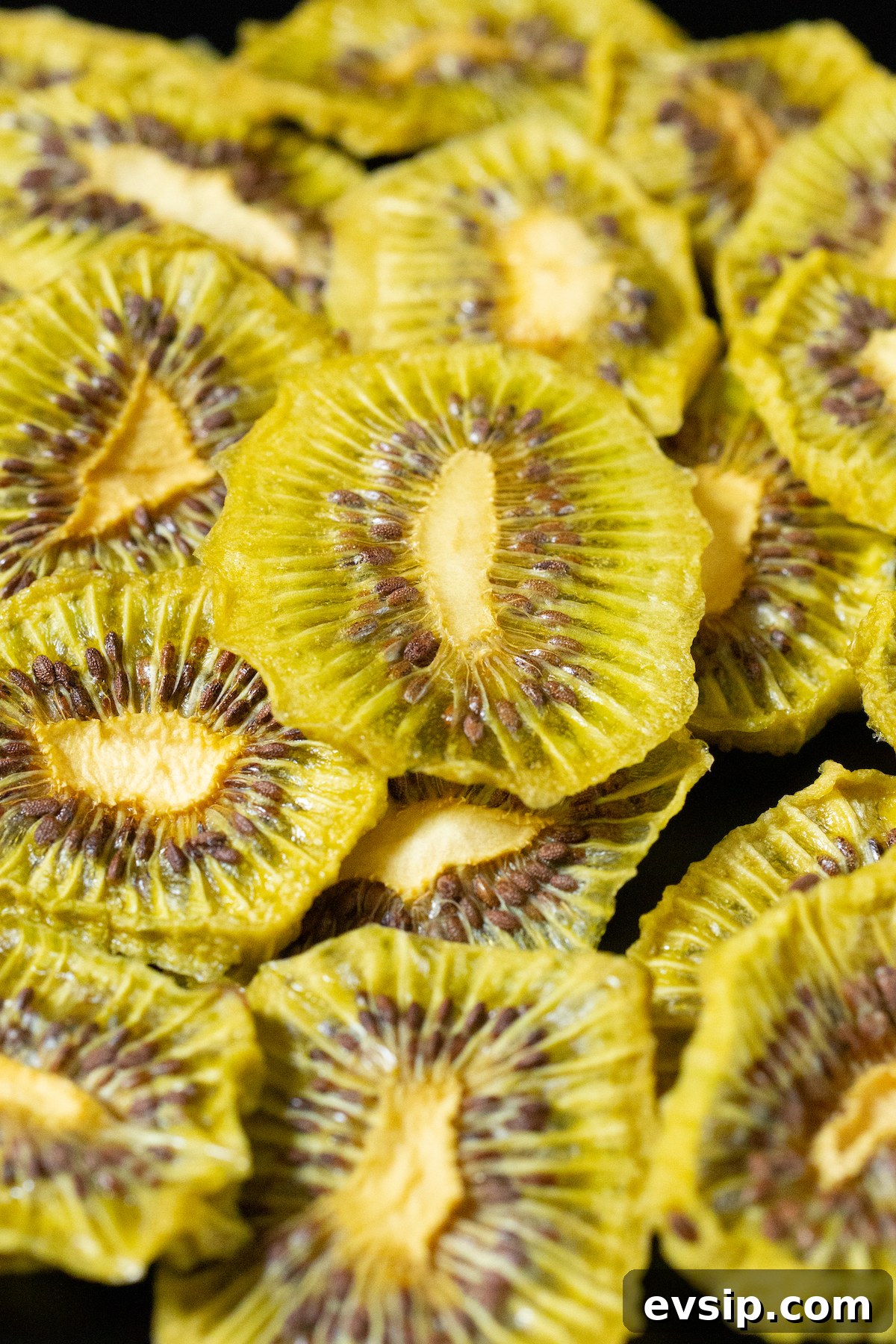 How to Make Dehydrated Kiwi Slices at Home 6 Dozens of dehydrated kiwi chips in a pile on a black background.