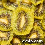 How to Make Dehydrated Kiwi Slices at Home 7 Close up of dozens of dehdyrated kiwi chips stacked on top of and around each other.