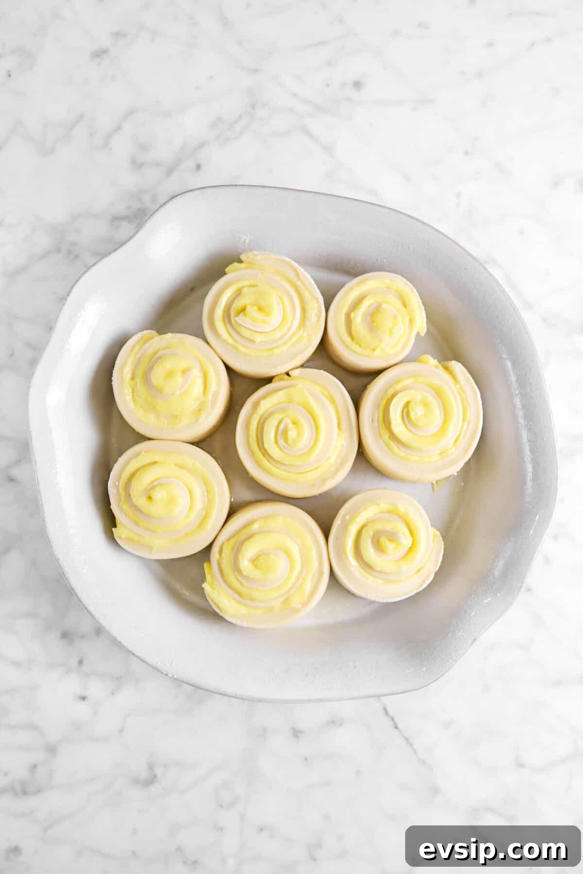 overhead shot of lemon rolls in pie pan