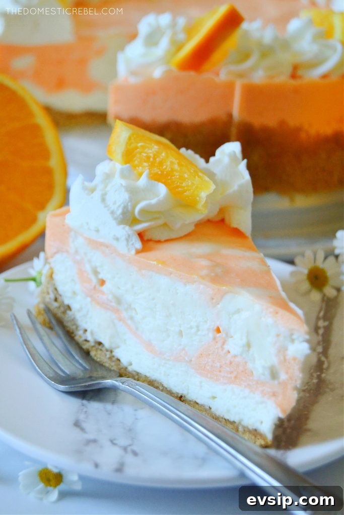 No-Bake Orange Creamsicle Cheesecake Recipe 5 a closeup slice photo of a piece of orange creamsicle cheesecake
