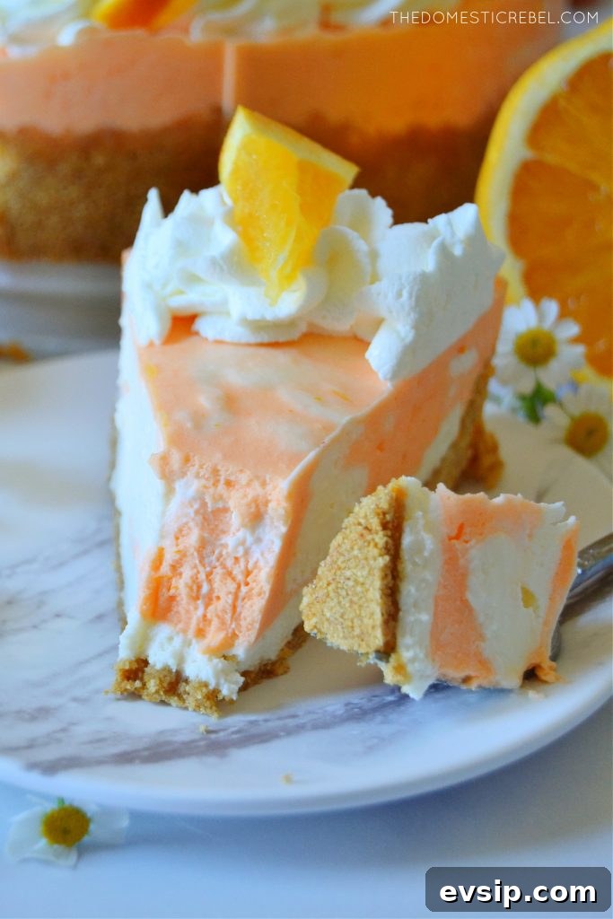 No-Bake Orange Creamsicle Cheesecake Recipe 10 photo of orange creamsicle cheesecake with a bite missing