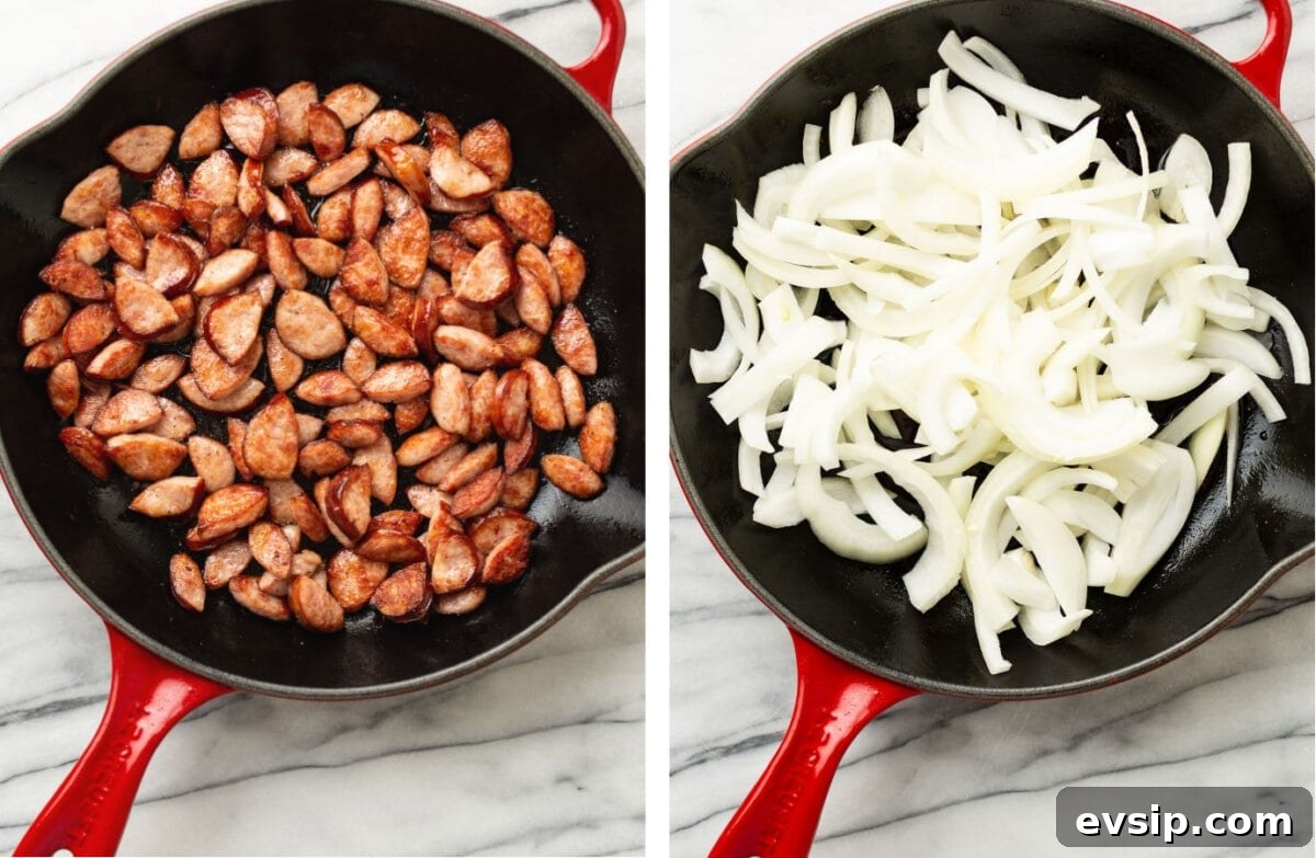 One-Pan Sausage and Peppers Skillet Recipe 4 pan frying sausage in a skillet then sauteing onions