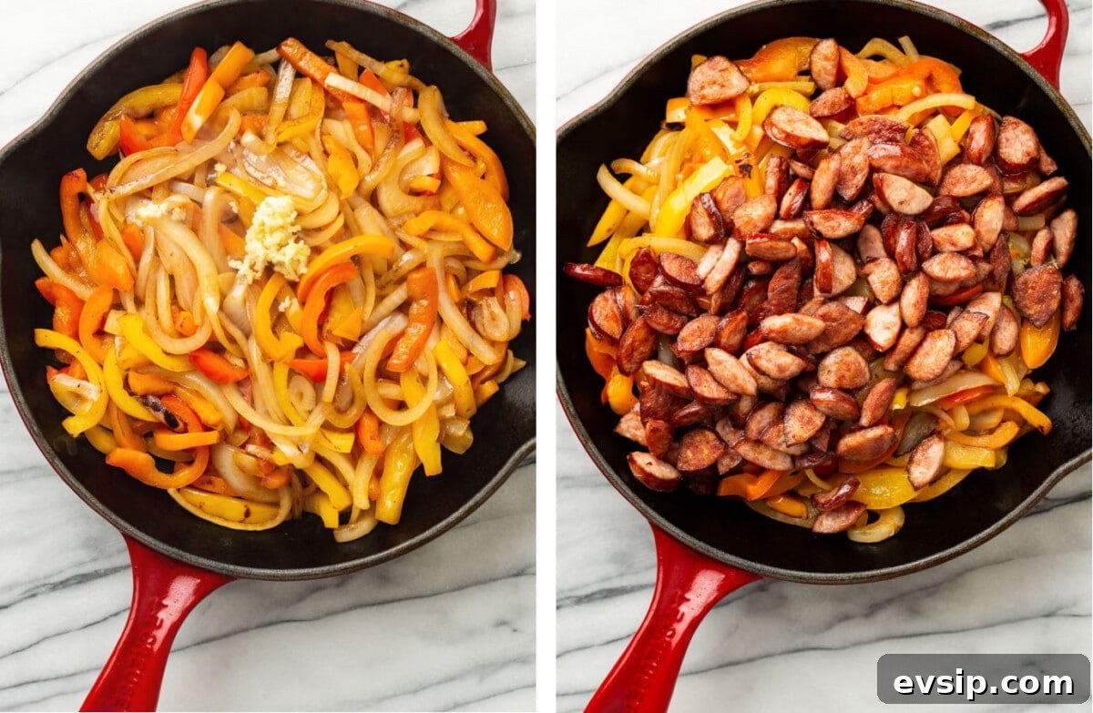 One-Pan Sausage and Peppers Skillet Recipe 5 stirring in garlic to a skillet with bell peppers then adding in sausage
