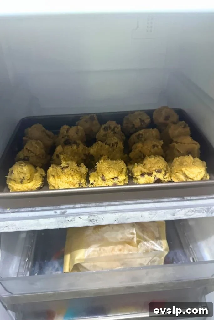 20 Sourdough Discard Recipes Perfect for Freezing 3 A tray of sourdough chocolate chip cookie dough that has been scooped out and placed in the freezer to snap freeze.
