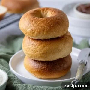 20 Sourdough Discard Recipes Perfect for Freezing 21 A stack of 3 golden brown sourdough bagels sitting on a white plate.