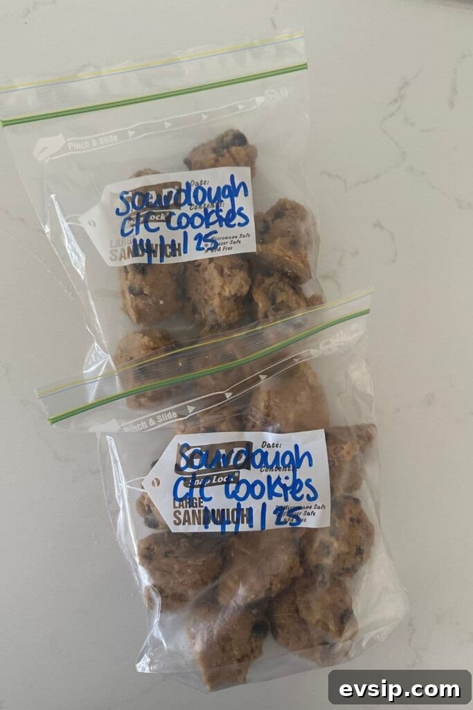 20 Sourdough Discard Recipes Perfect for Freezing 4 Scoops of sourdough cookie dough that has been snap frozen and placed into two ziploc bags. The ziploc bags have been labelled in blue marker with the contents and date.