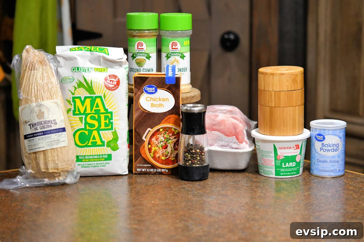ingredients for mexican pork tamales on a countertop