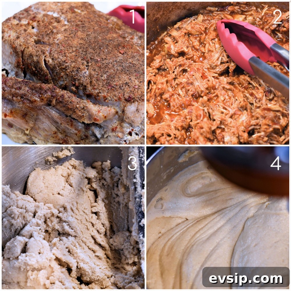 Collage of four step by step pork roast and masa  step out photography