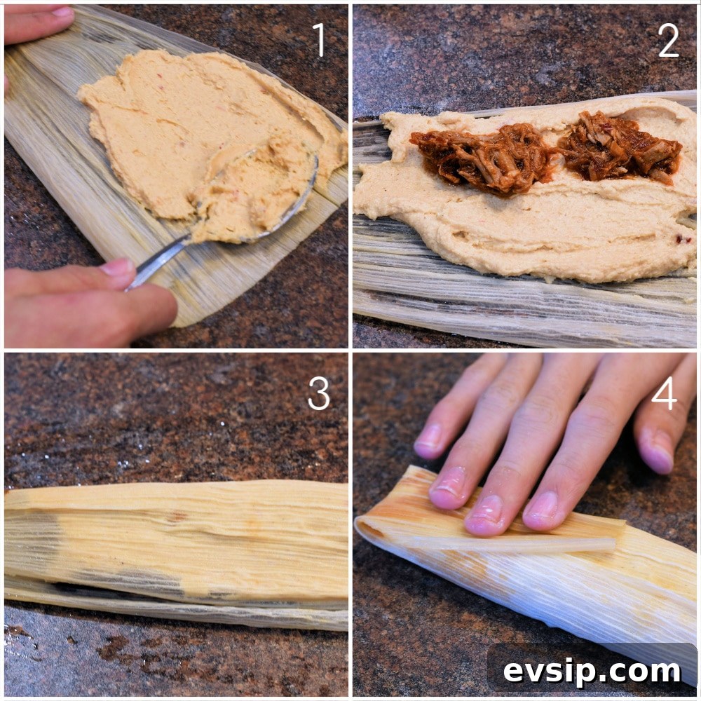 step by step photography of spread and filling homemade pork tamales
