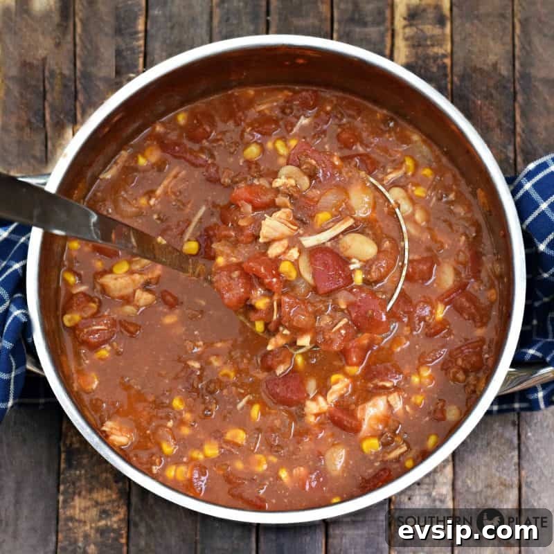 Dump all ingredients in a pot, stir, and simmer for an hour.