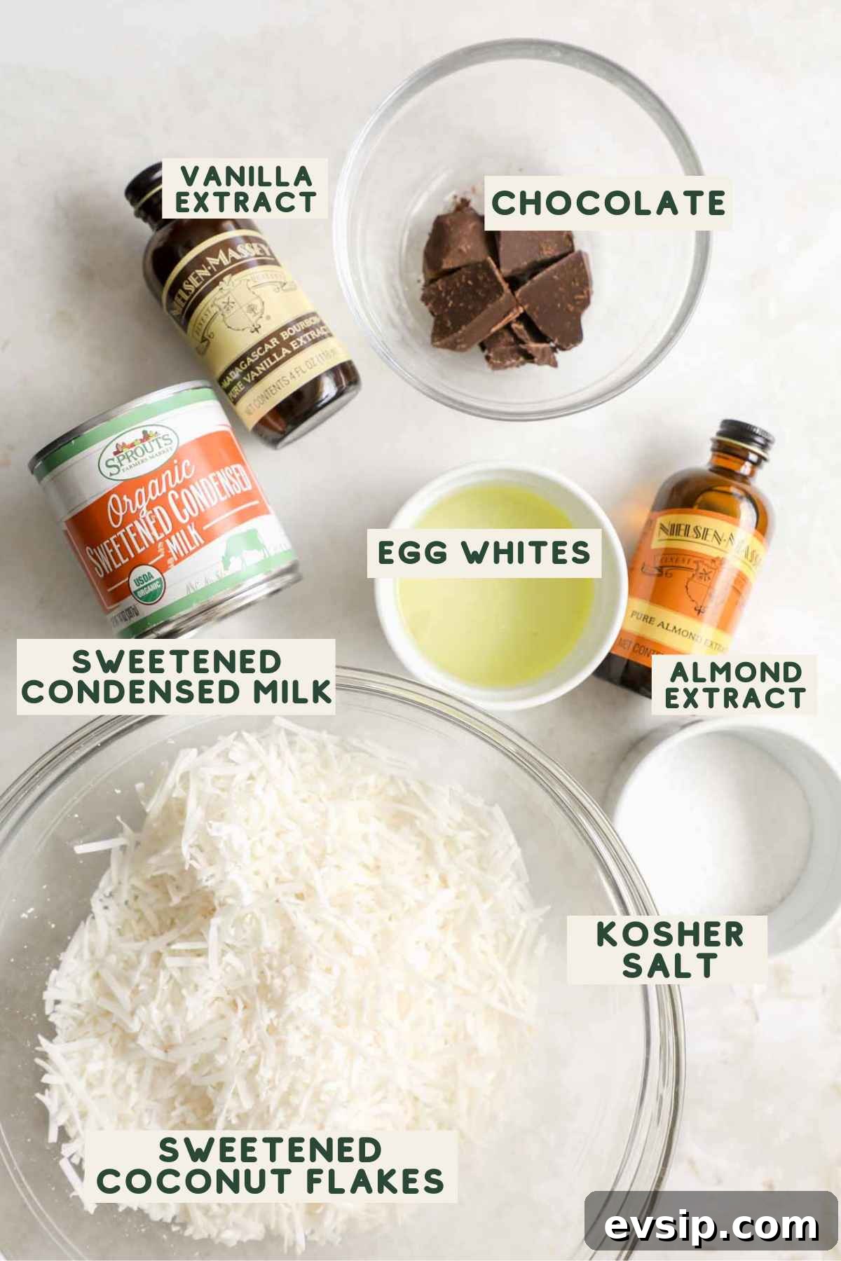 Chewy Gluten-Free Coconut Macaroons Recipe 3 Ingredients to make gluten-free coconut macaroon, including chocolate, vanilla extract, almond extract, sweetened condensed milk, egg whites, kosher salt, sweetened coconut flakes.