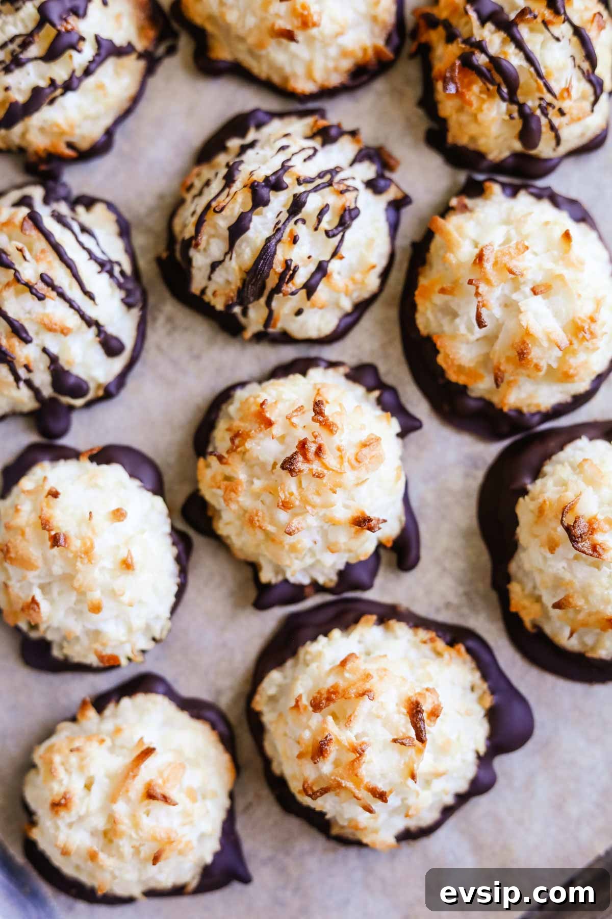 Chewy Gluten-Free Coconut Macaroons Recipe 5 Gluten-free coconut macaroons without flour dipped and drizzled in semi-sweet chocolate.