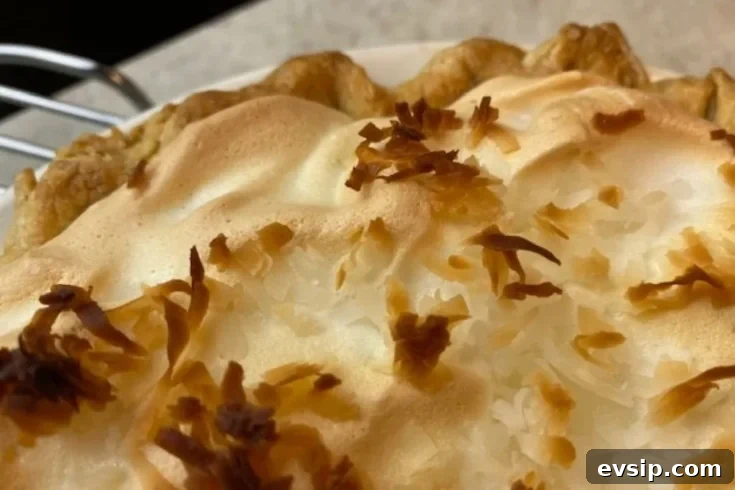 close up of meringue on coconut pie