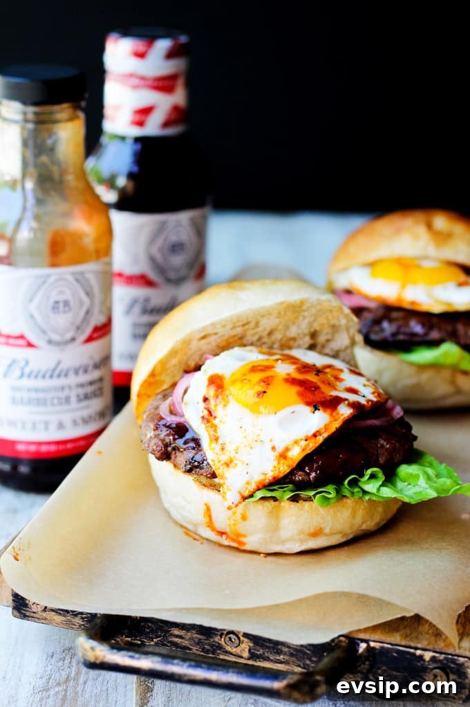 Smoky BBQ Burger with Garlic Aioli and Fried Egg Recipe 3 Smoky BBQ Burgers with Budweiser sauces